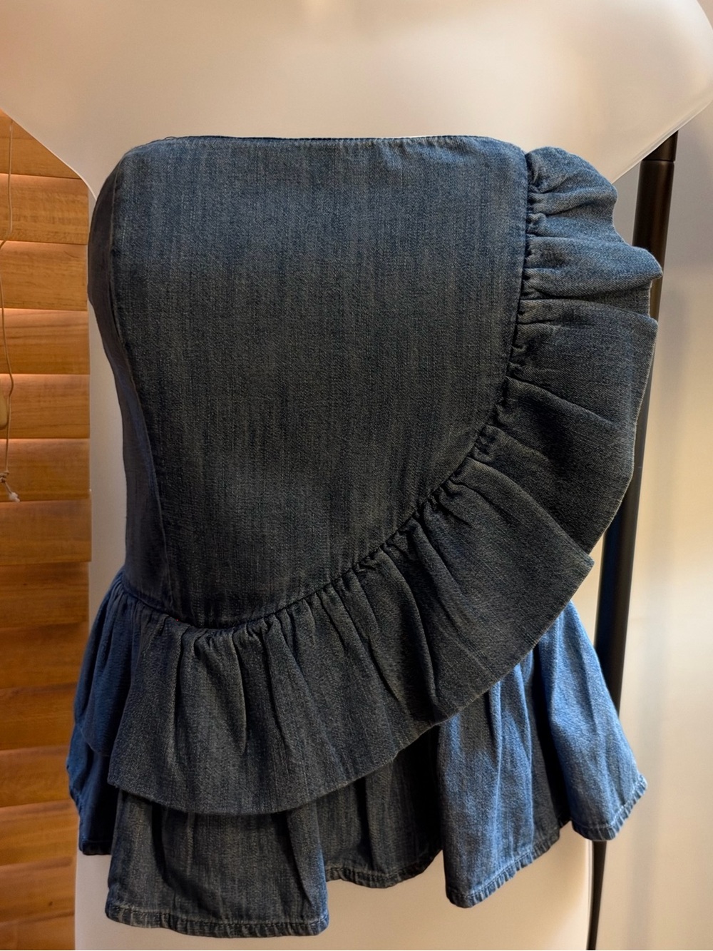 Express Dark Blue Strapless Denim Ruffle Peplum Camisole